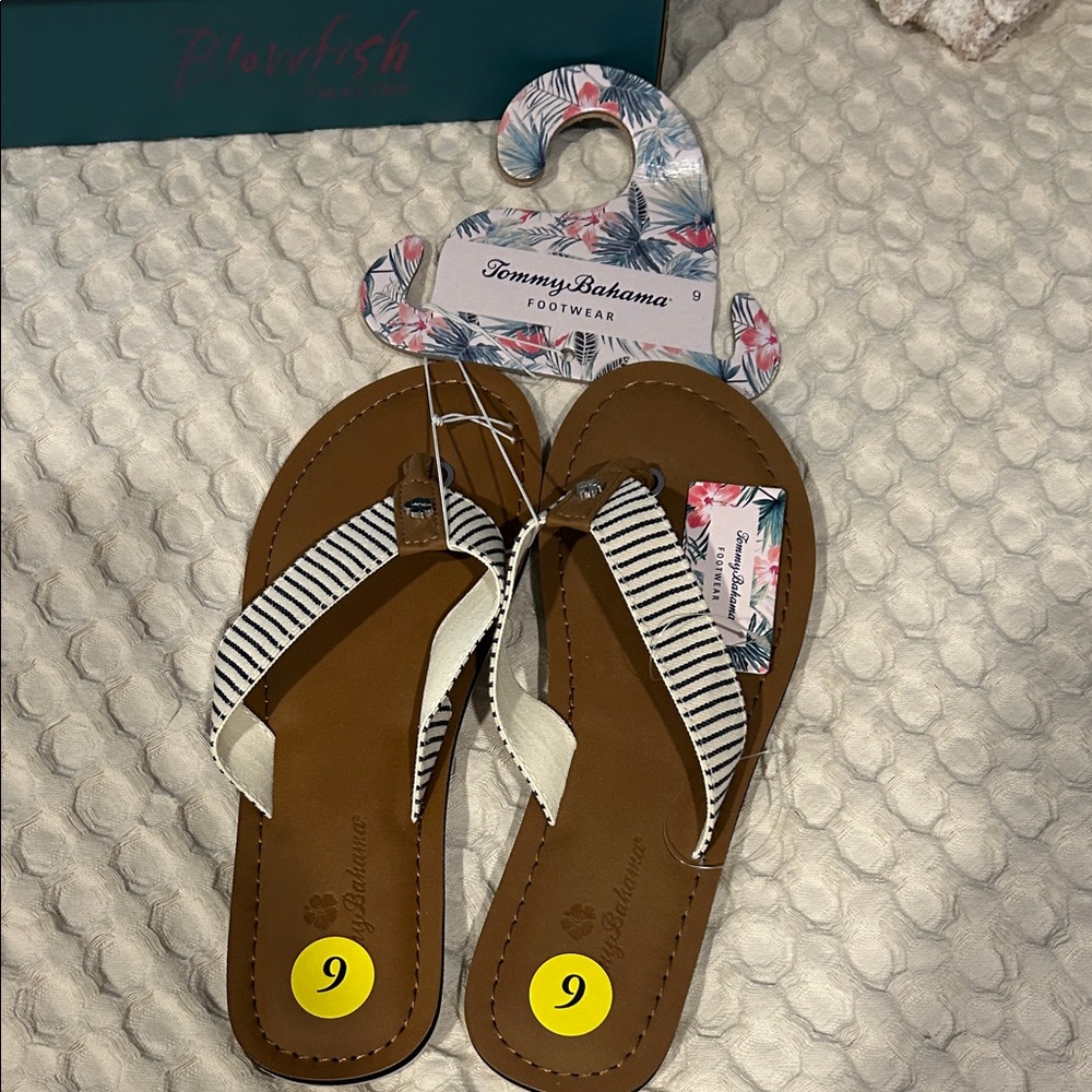 Tommy Bahama White and Navy Striped Strap Brown Flip Flops